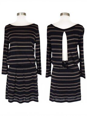 Stem Black and Beige Stripe Soft Modal Knit Blouson Slit Keyhole Back Dress M